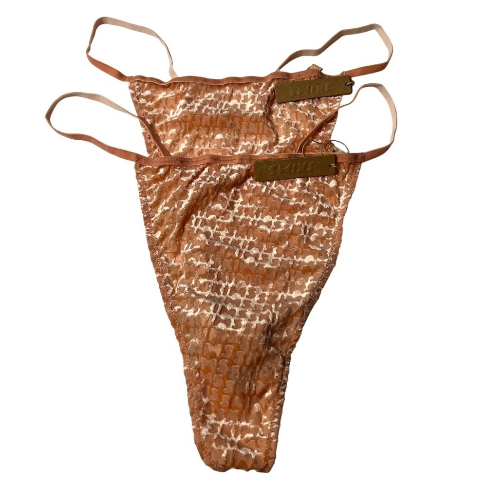 SKIMS Velvet Burnout Logo T-String Thongs Lot of‎ 2 Peach 4X + Conditional Bonus